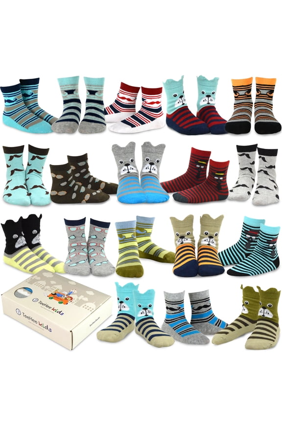 TeeHee Kids Toddler and Boys Socks Sports and Fun Cotton Crew Socks 18 Pair Pack with Gift Box
