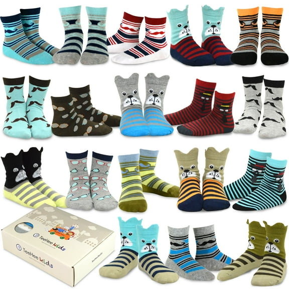 TeeHee Kids Toddler and Boys Socks Sports and Fun Cotton Crew Socks 18 Pair Pack with Gift Box