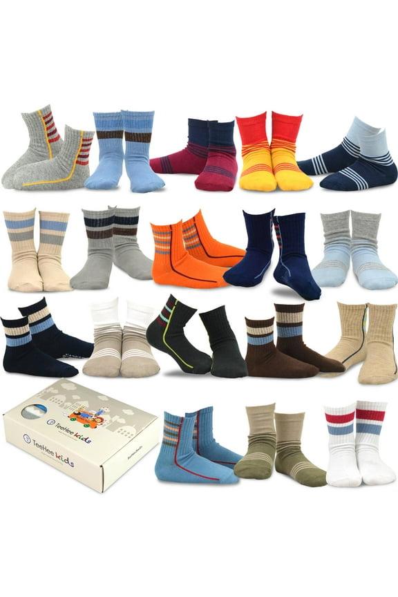 TeeHee Kids Toddler and Boys Socks Sports and Fun Cotton Crew Socks 18 Pair Pack with Gift Box