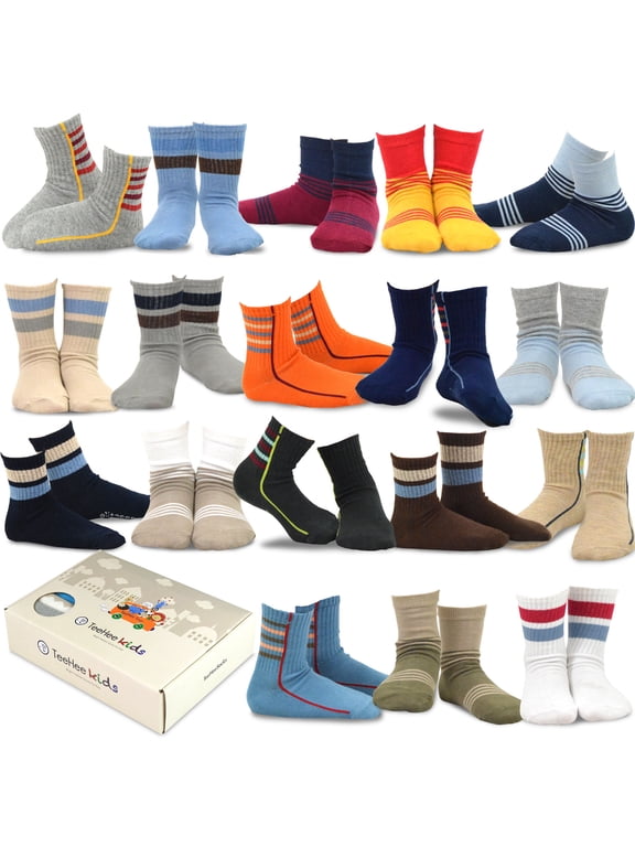 TeeHee Kids Toddler and Boys Socks Sports and Fun Cotton Crew Socks 18 Pair Pack with Gift Box