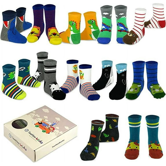 TeeHee Little Boys and Toddler Cotton Crew Socks 12 Pair Pair Gift Box (6-8 Years, Dinosaur)