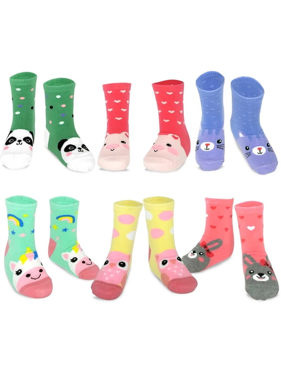 TeeHee Little Girls Cotton Crew Socks 6 Pair Pair (6-8 Years, Animal Crew)
