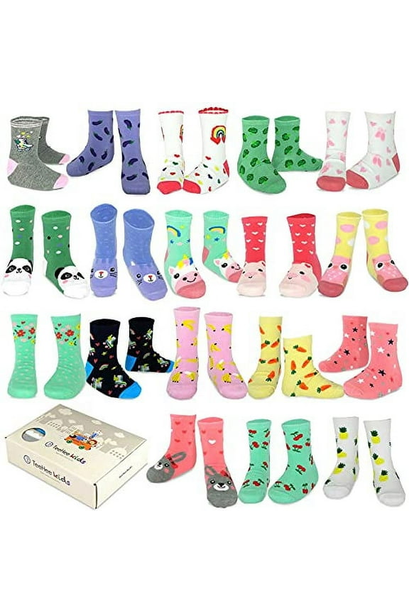 TeeHee Little Girls and Toddler Cute Novelty and Fashion Cotton Crew Socks 18 Pair Pair Gift Box (3-5 Years, Cute Animals)