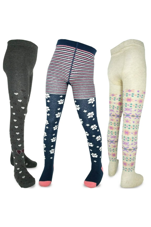 TeeHee Little Girls and Toddlers Fashion Tights 3 Pair (6-8 Years, Flower and Heart)