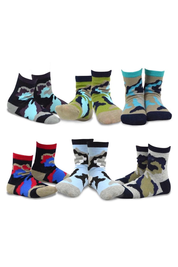 TeeHee Little Kids Boys Cotton Fashion Fun Crew Socks 6 Pair Pack (6-8 Years, Camo)