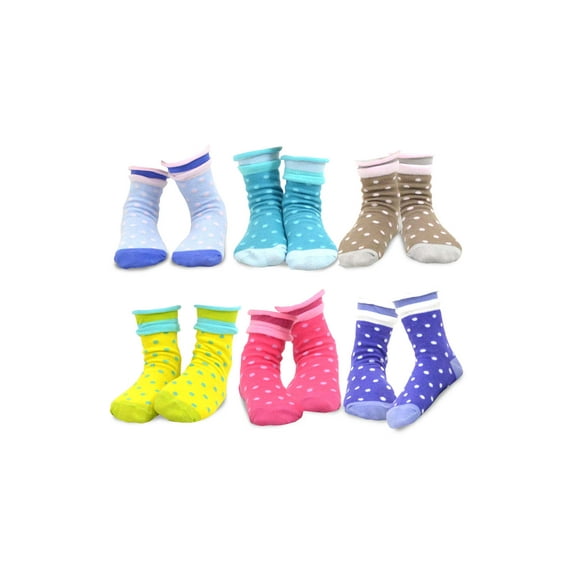 TeeHee Little Kids Girls Cotton Crew Basic Roll Top Socks 6 Pair Pack (6-8 Years, Polka Dot)