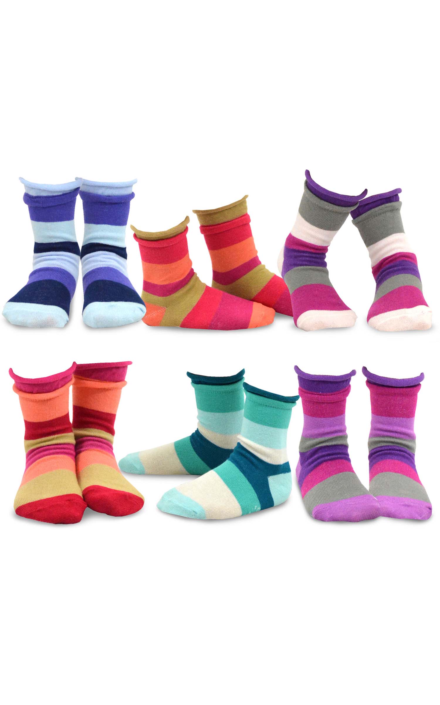 TeeHee Little Kids Girls Cotton Crew Basic Roll Top Socks 6 Pair Pack (9-10 Years, Indian Stripe) - image 1 of 7