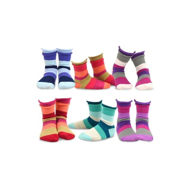 TeeHee Little Kids Girls Cotton Crew Basic Roll Top Socks 6 Pair Pack (9-10 Years, Indian Stripe)