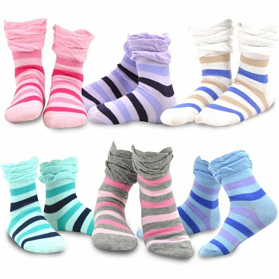 TeeHee Little Kids Girls Cotton Crew Ruffle Top Socks 6 Pair Pack (3-5 Years, Stripes)