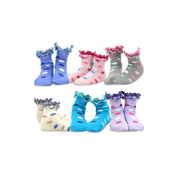 TeeHee Little Kids Girls Cotton Double Ruffle Crew Socks 6 Pair Pack (3-5 Years, Dots)