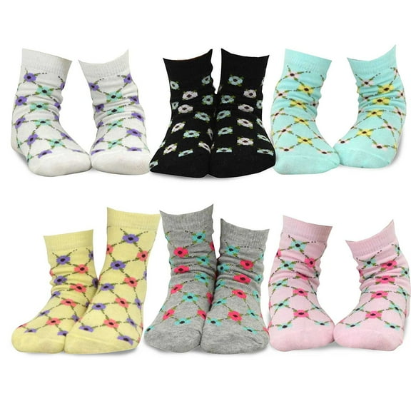 TeeHee Little Kids Girls Cotton Fashion Crew Socks 6 Pair Pack (12-24 Months, Floral Trellis Stripe)