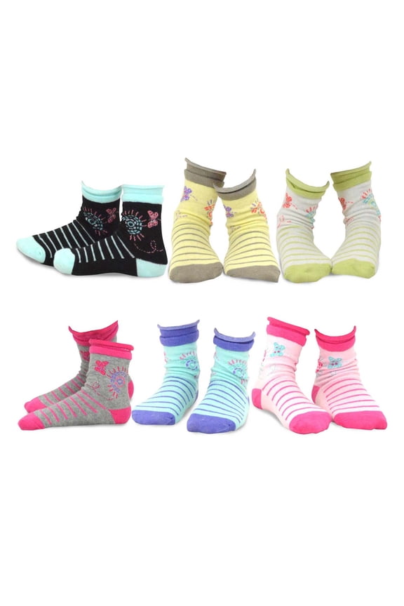 TeeHee Little Kids Girls Cotton Fashion Crew Socks 6 Pair Pack (3-5 Years, Butterfly)