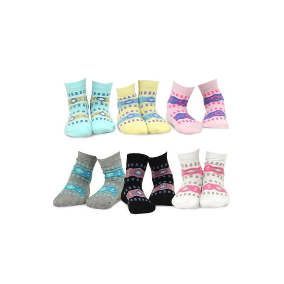TeeHee Little Kids Girls Cotton Fashion Crew Socks 6 Pair Pack (3-5 Years, Ethnic Stripe)