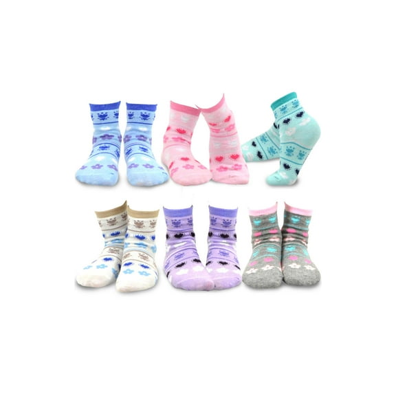 TeeHee Little Kids Girls Cotton Fashion Fun Crew Socks 6 Pair Pack (12-24 Months, Flower Heart Crown)