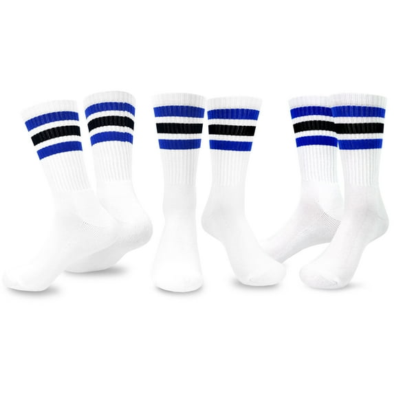 TeeHee Men's Sports Stripes Cotton Half Cushion Crew Socks 3-pair Pack (White Blue Navy)