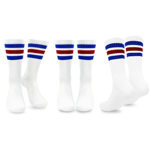 TeeHee Men's Sports Stripes Cotton Half Cushion Crew Socks 3-pair Pack (White Blue Red)