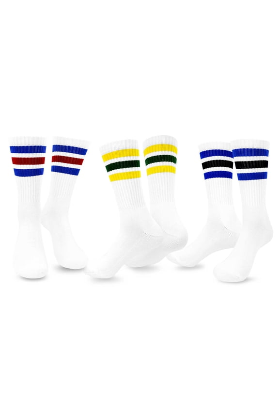 TeeHee Men's Sports Stripes Cotton Half Cushion Crew Socks 3-pair Pack (White)