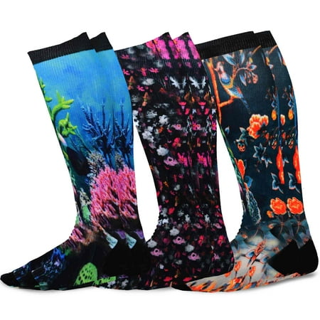 TeeHee Microfiber Bright Color Compression Socks for Men and Women Knee High Socks with Rib 3-Pack (Large (10-13), Print) price history and forecast - TeeHee Socks