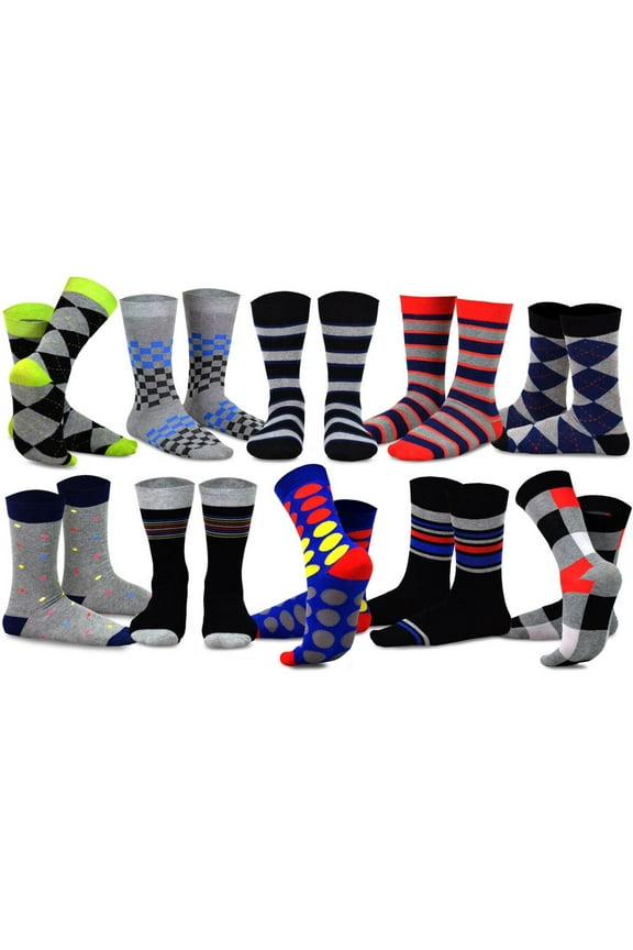 TeeHee Novelty Crazy Fun Crew Socks 10-Pack for Men (Bright and Colorful)