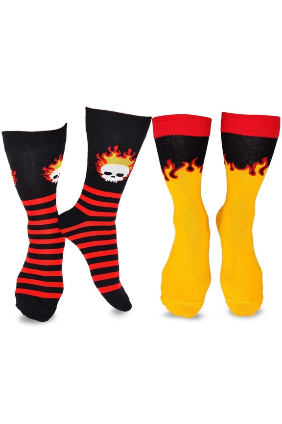 TeeHee Novelty Crazy Fun Crew Socks 2-Pack for Men (Skull on Fire)