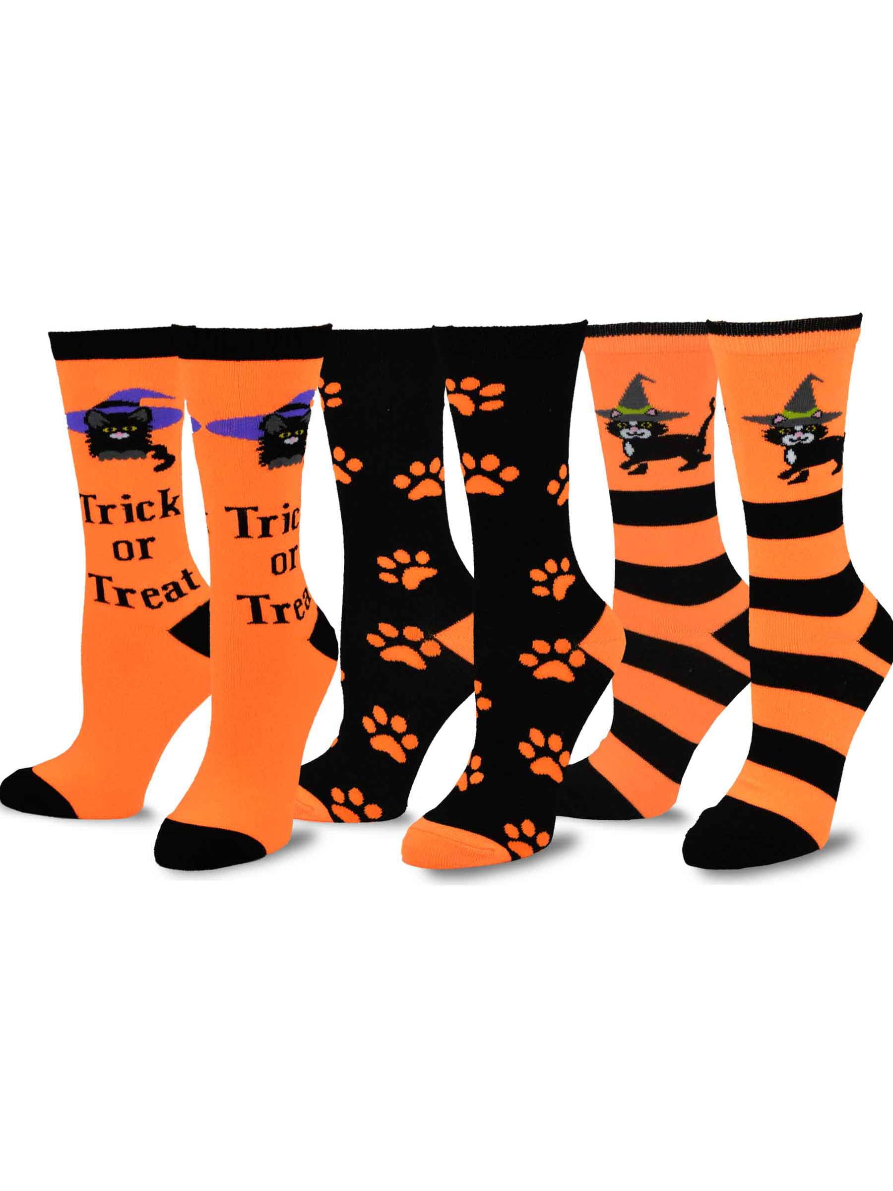 TeeHee Novelty Happy Halloween Fun Crew Socks for Women 3-Pack (Trick or  Treat and Witch Cat)