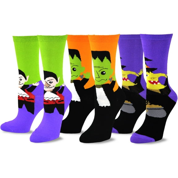 TeeHee Novelty Happy Halloween Fun Crew Socks for Women 3-Pack (Witch, Frank, Vampire)