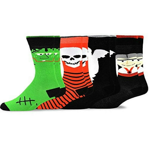 TeeHee Novelty Young Men Halloween Fun Crew Socks 4-Pack (Skull Monster Ghost face)