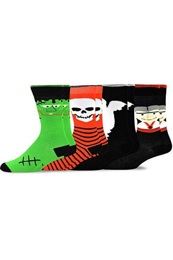 TeeHee Novelty Young Men Halloween Fun Crew Socks 4-Pack (Skull Monster Ghost face)