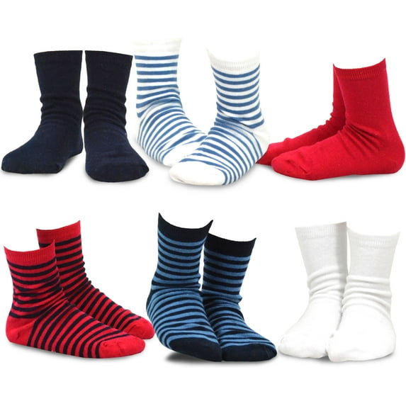 TeeHee Socks Kids Boys Basic Cotton Crew Socks 6 Pair Pack (6-8Y, Bright Stripe)