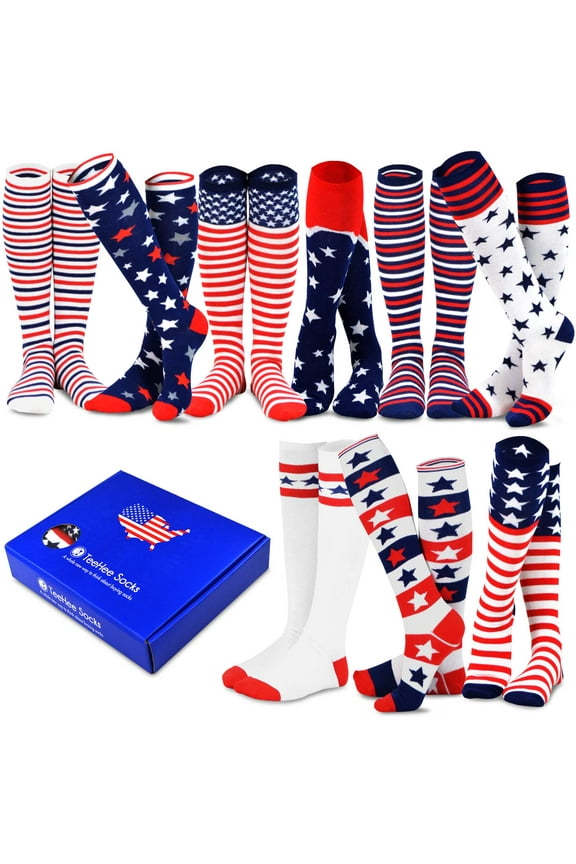 TeeHee USA American Patriotic Socks for Women Knee High 9-Pairs with Gift Box (Americana)