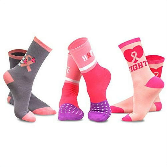 TeeHee Women Breast Cancer Awareness Crew Socks 3 Pairs Pack (Pink Ribbon-3)