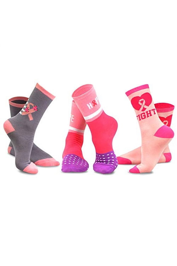 TeeHee Women Breast Cancer Awareness Crew Socks 3 Pairs Pack (Pink Ribbon-3)