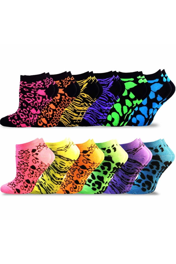 TeeHee Women's Acrylic No Show Low Cut Basic 12-Pack (Neon Animal Printed)