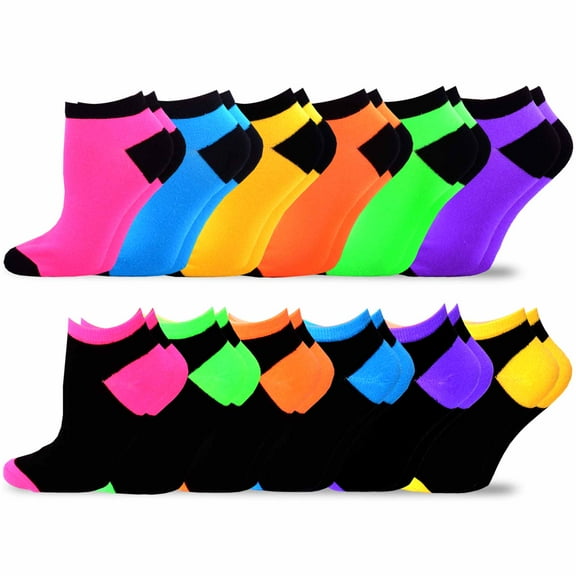 TeeHee Women's Acrylic No Show Low Cut Basic 12-Pack (Neon-Heel & Toe)