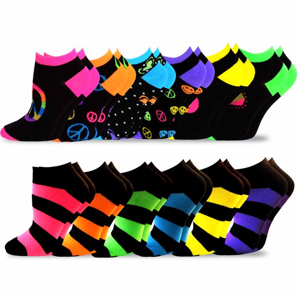 TeeHee Women's Acrylic No Show Low Cut Basic 12-Pack (Neon Stripes & Heel-Toe)