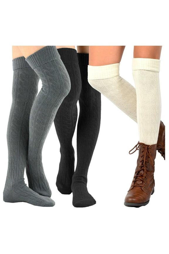 TeeHee Women's Fashion Over the Knee High Socks - 3 Pair Combo (Cable Cuff Dark Combo)