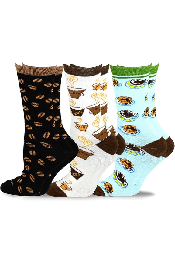 TeeHee Women's Foods Crew Socks 3-Pack (Coffee and Pancakes)