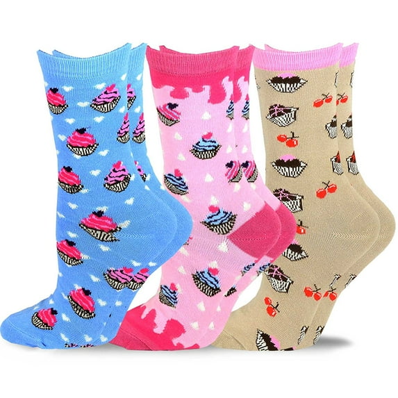 TeeHee Women's Foods Crew Socks 3-Pack (Love Cupcakes and Muffins)