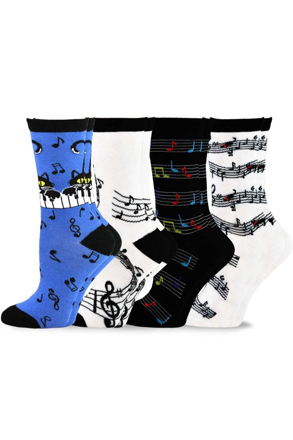 TeeHee Women's Music Cotton Crew Socks 4-Pack (Dancing Music)