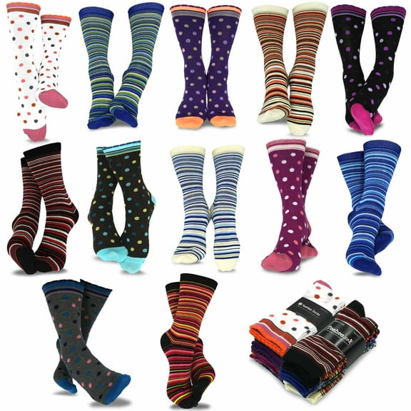 TeeHee Women's Value 12-Pack Fun Crew Socks (Dots and Stripe)