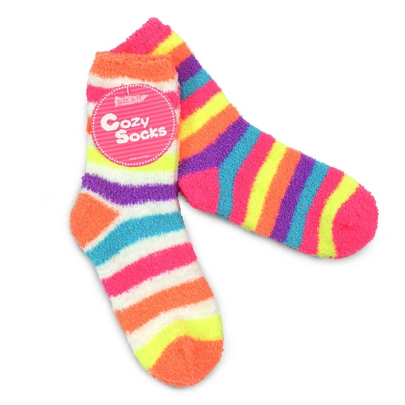 TeeHee Women's Warm Winter Cozy Fuzzy Slipper Socks 2 Pair Colorful Stripes