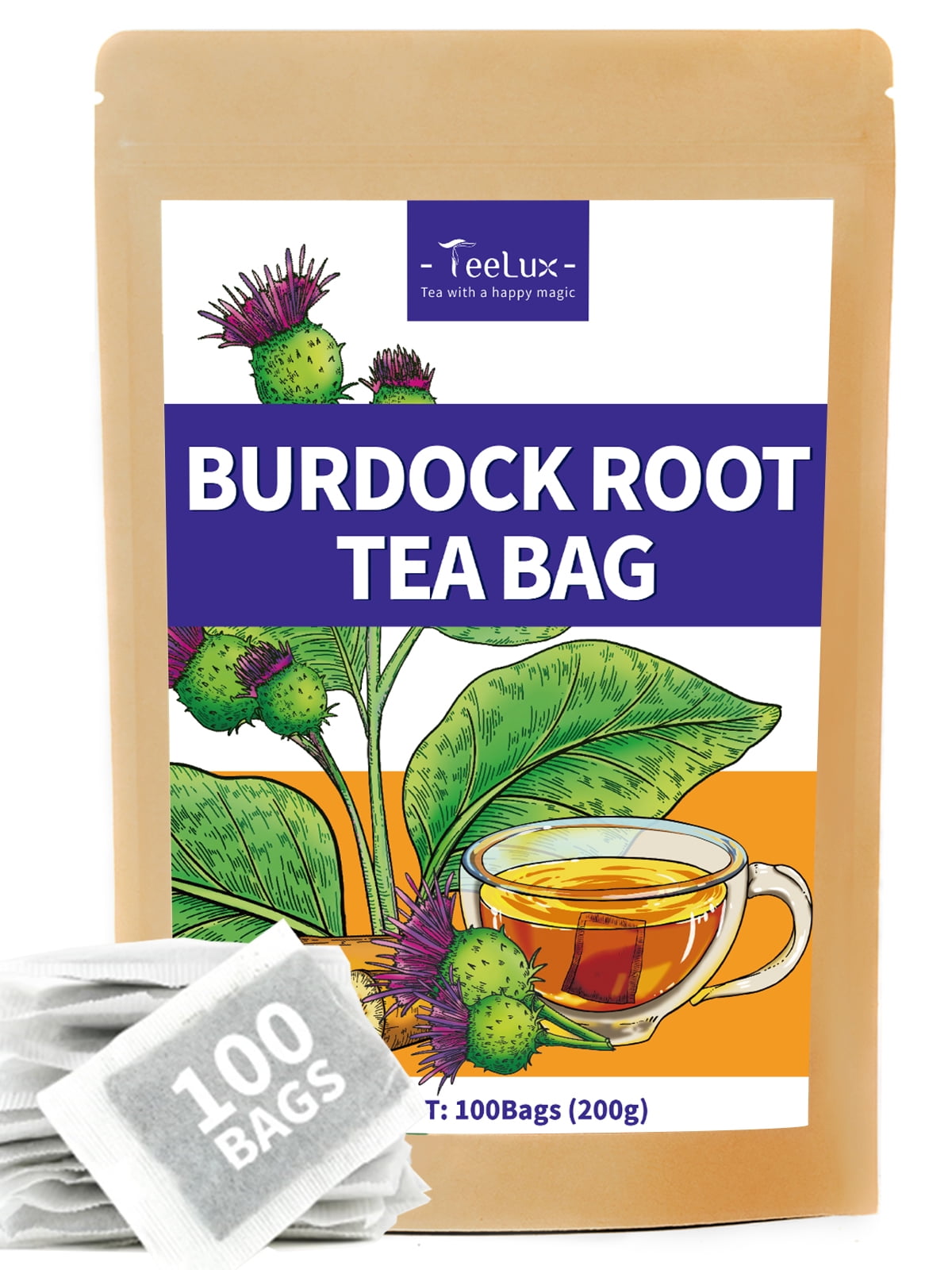 TeeLux Burdock Root Tea Bags, Natural Premium Burdock Root Herbal Tea, Caffeine Free, 100 Count