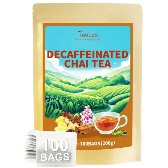 TeeLux Decaf Chai Black Tea, Decaffeinated Black Tea with Cinnamon, Ginger, Cardamom, Robust & Spicy Flavor, 100 Count