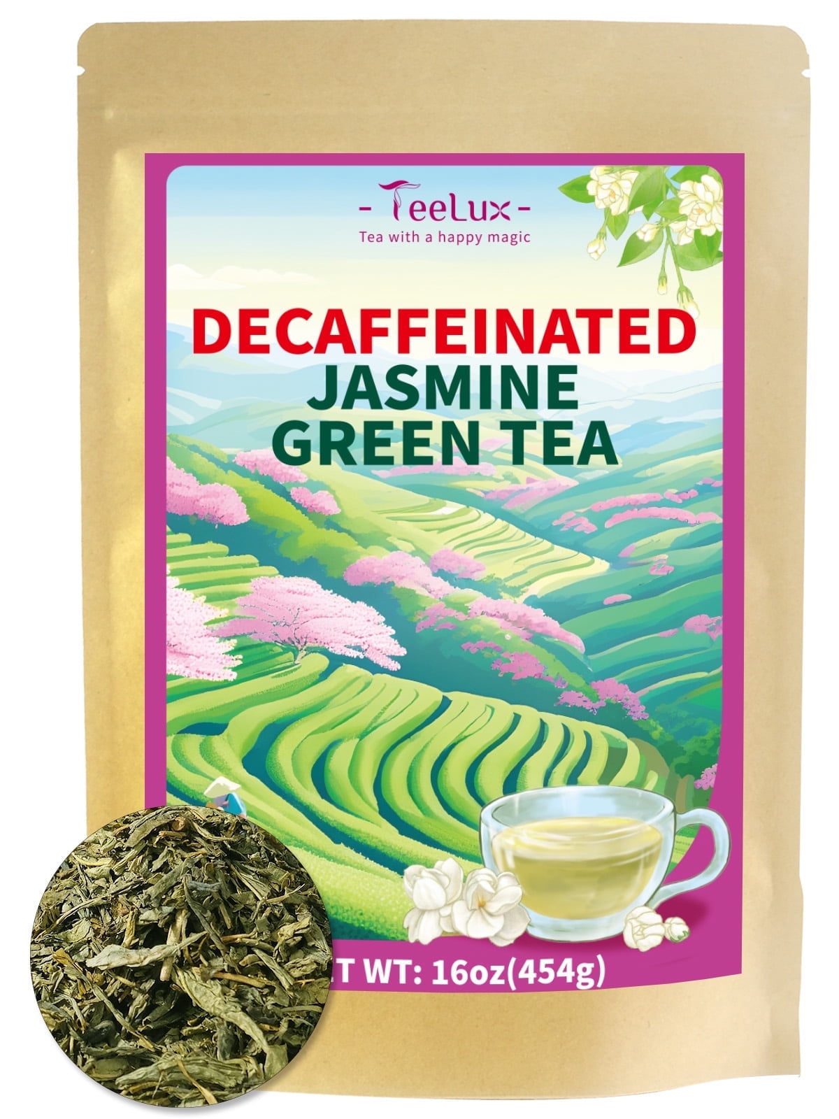 TeeLux Decaf Jasmine Green Tea, Decaffeinated Jasmine Scented Green Tea Loose leaf, Pleasant Aroma & Smooth Taste, 16oz