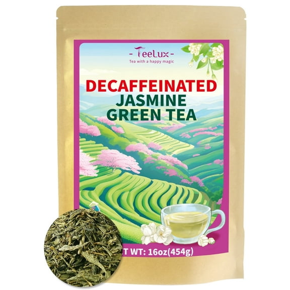 TeeLux Decaf Jasmine Green Tea, Decaffeinated Jasmine Scented Green Tea Loose leaf, Pleasant Aroma & Smooth Taste, 16oz