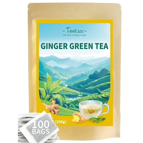 TeeLux Ginger Green Tea, Brisk Green Tea with Spicy Ginger, Zesty & Warm Flavor, Low Caffeine, 100 Count