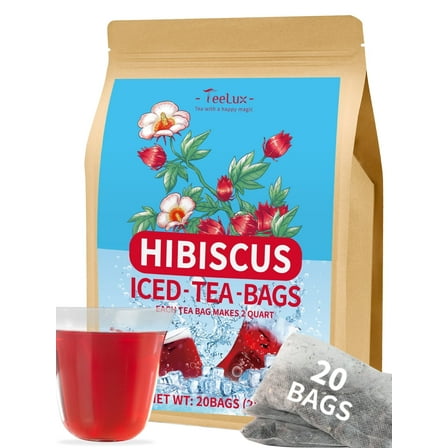 TeeLux Hibiscus Iced Tea Bags, 14g/bag, Family Sized, Refreshing Tart Flavor, Caffeine Free, 20 Count