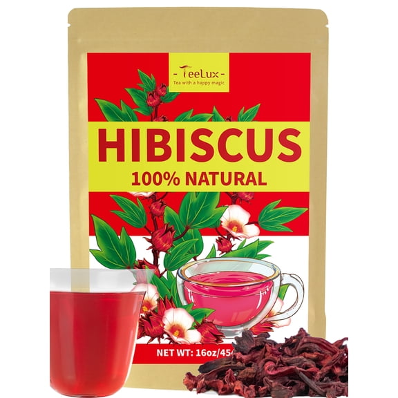 TeeLux Hibiscus Tea Loose Leaf, Dried Hibiscus Flowers Herbal Tea, Cut & Sifted, Refreshing Tart Flavor, Caffeine Free, Hot & Iced Tea, 16oz