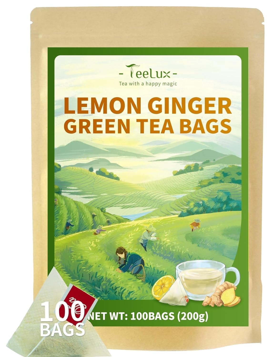 TeeLux Lemon Ginger Green Tea, Zesty Ginger with Brisk Sencha Green Tea, Refreshing Flavor, 100 Count