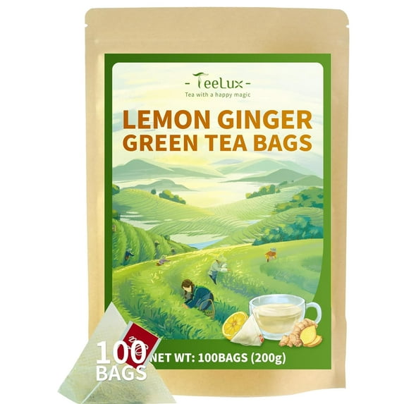 TeeLux Lemon Ginger Green Tea, Zesty Ginger with Brisk Sencha Green Tea, Refreshing Flavor, 100 Count